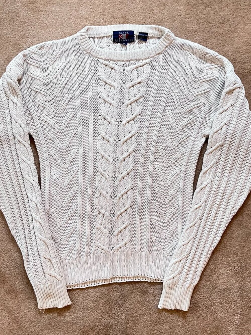 Vintage 90s Men's White Cable Knit Heavyweight 100% Cotton Fisherman Sweater M